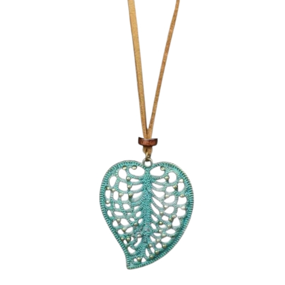 Boho Western Patina Leaf Heart Pendant On Suede Cord Necklace